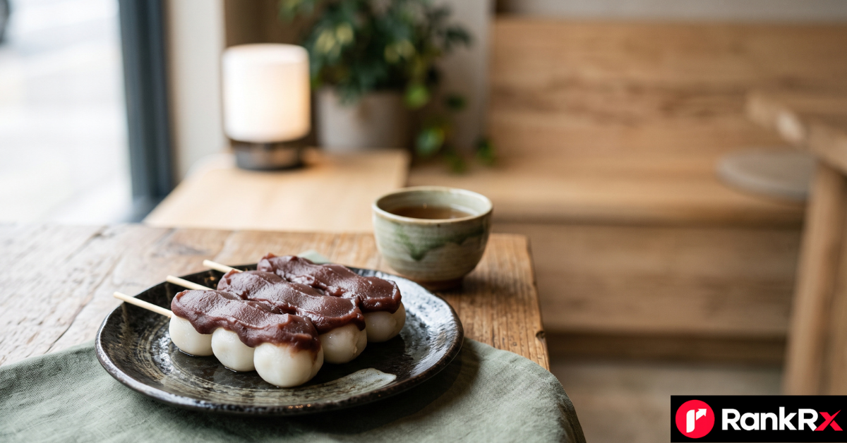Anko dango japanese dessert skewers coated in red bean paste