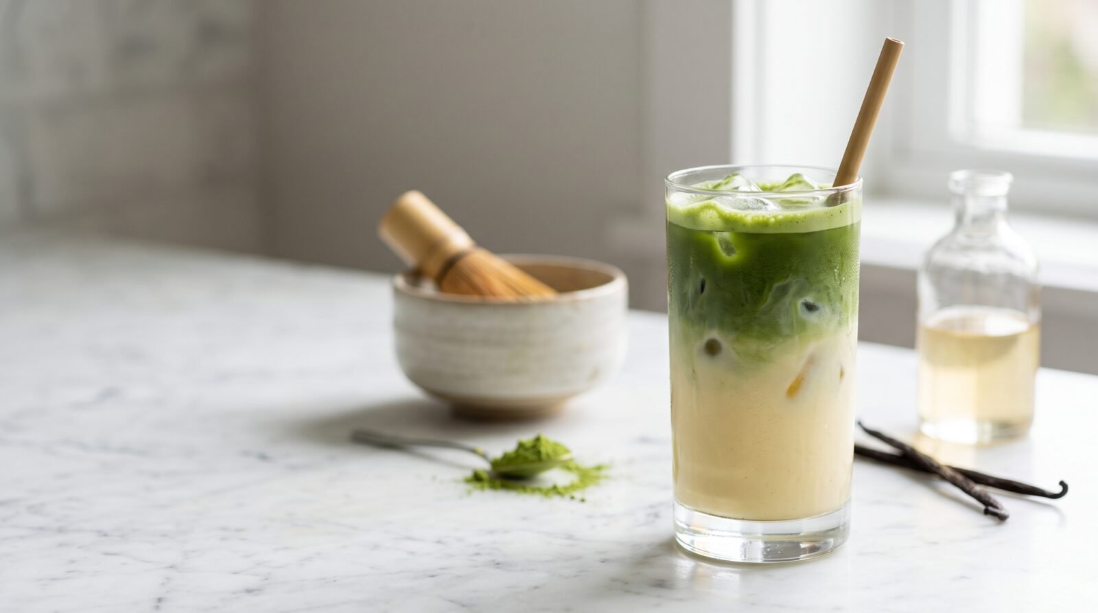 Glass of iced vanilla matcha latte recipe with green matcha over milk and ice