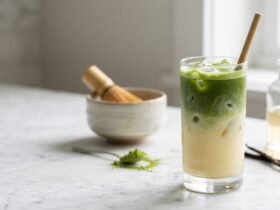 Glass of iced vanilla matcha latte recipe with green matcha over milk and ice