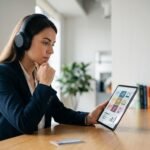 Person checking how much Speechify costs on a laptop while listening with headphones