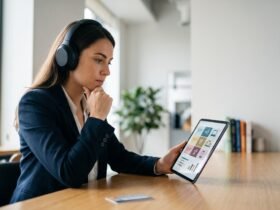 Person checking how much Speechify costs on a laptop while listening with headphones
