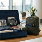 Carry-on suitcase with tape measure and laptop showing a verified airline baggage policy page