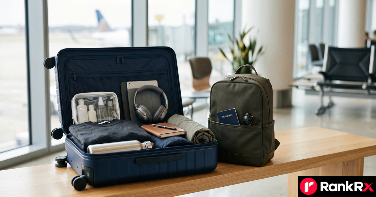 Carry-on suitcase with tape measure and laptop showing a verified airline baggage policy page