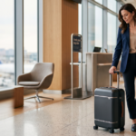 Traveller checking carry on luggage size in an airport baggage sizer
