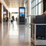 Traveller checking delta carry on size by measuring a cabin suitcase before a flight