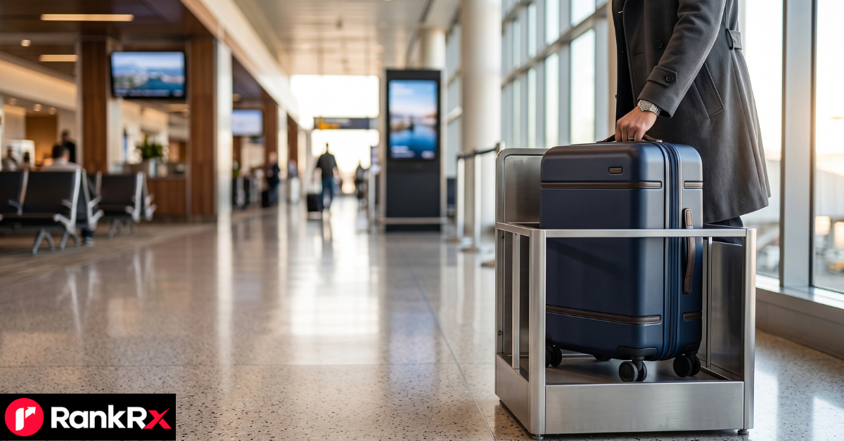 Traveller checking delta carry on size by measuring a cabin suitcase before a flight
