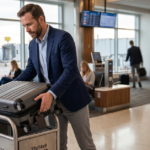 American Airlines carry on size check with a tape measure beside a cabin suitcase