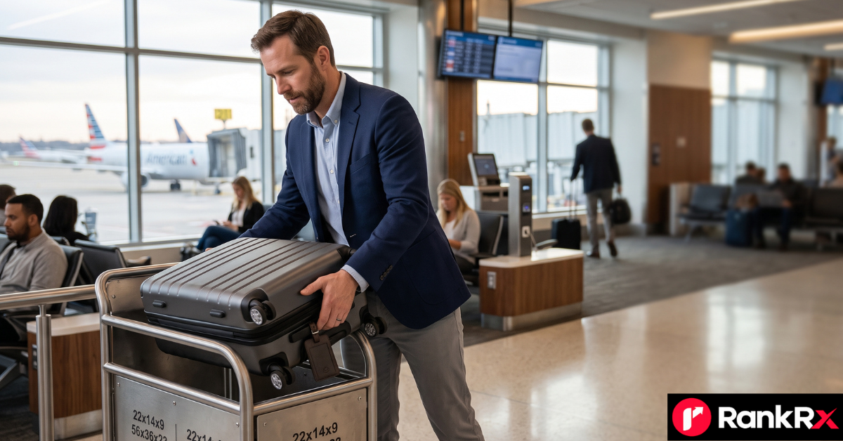 American Airlines carry on size check with a tape measure beside a cabin suitcase