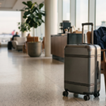 Best carry on luggage testing setup with a suitcase, tape measure, scale and notes