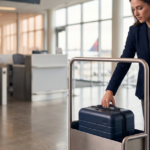 Southwest carry on size checker on a laptop beside a cabin suitcase and tape measure
