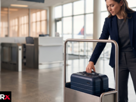 Southwest carry on size checker on a laptop beside a cabin suitcase and tape measure