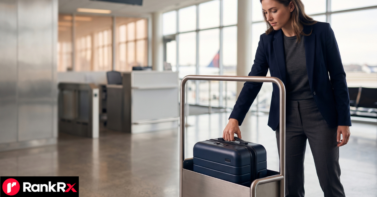 Southwest carry on size checker on a laptop beside a cabin suitcase and tape measure