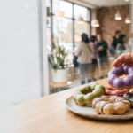 Phone map showing mochi donuts near me search results beside a tray of glazed mochi donuts