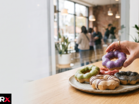 Phone map showing mochi donuts near me search results beside a tray of glazed mochi donuts