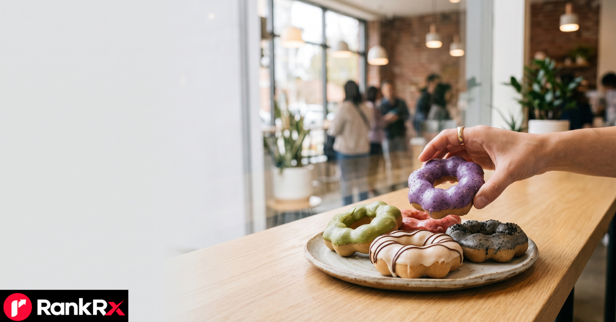 Phone map showing mochi donuts near me search results beside a tray of glazed mochi donuts