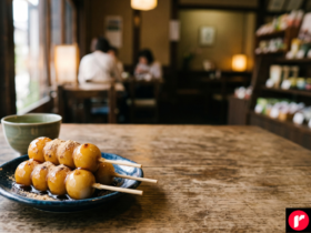 Tray of mitarashi and anko dango skewers beside a phone showing a dango near me map search
