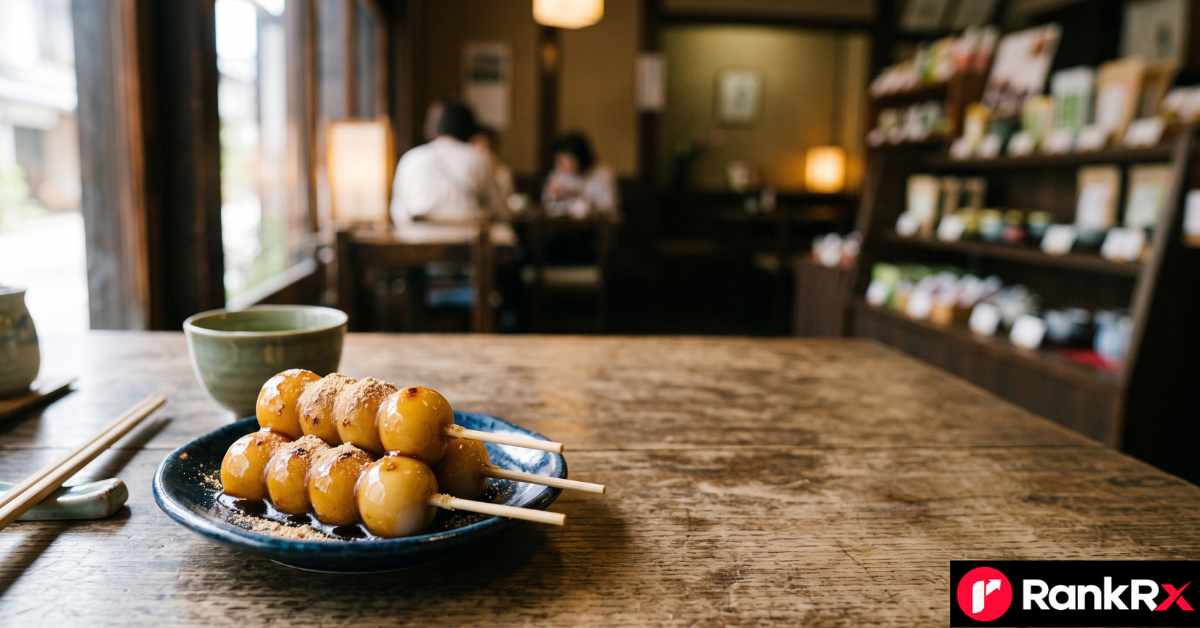 Tray of mitarashi and anko dango skewers beside a phone showing a dango near me map search