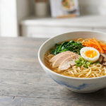 Bowl of egg noodles with vegetables beside a nutrition label asking are egg noodles good for you