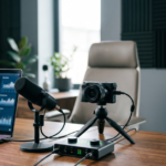 Creator desk with camera, microphone and laptop illustrating av components cloudysocial content planning