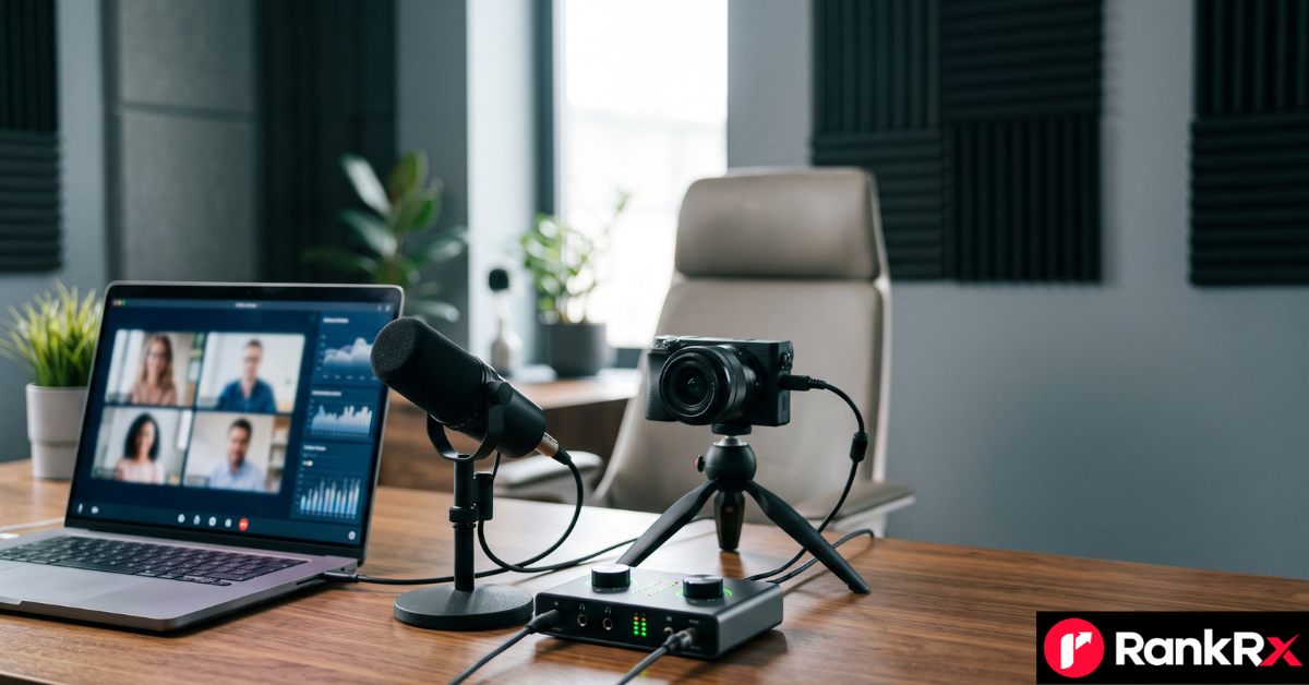 Creator desk with camera, microphone and laptop illustrating av components cloudysocial content planning