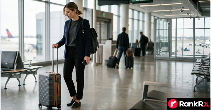 Carry on bag with a passport and clear liquids bag ready for airport security